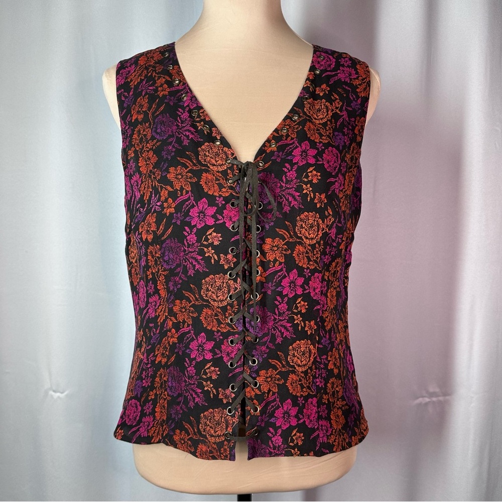 Vintage‎ Spenser Jeremy Silk Floral Lace Up Front Sleeveless Top Blouse Sz M EUC